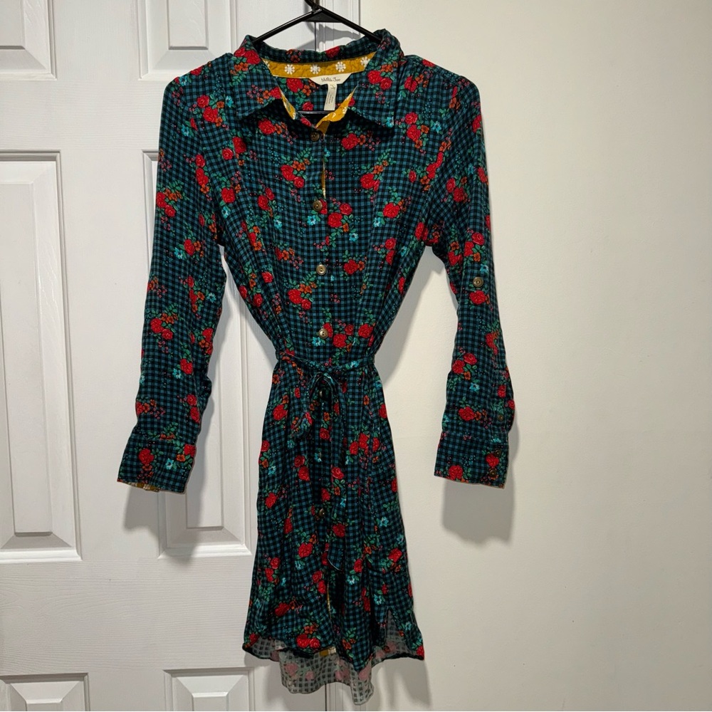Matilda Jane checkered floral fa la la long sleeve shirt dress green red S - Picture 4 of 16